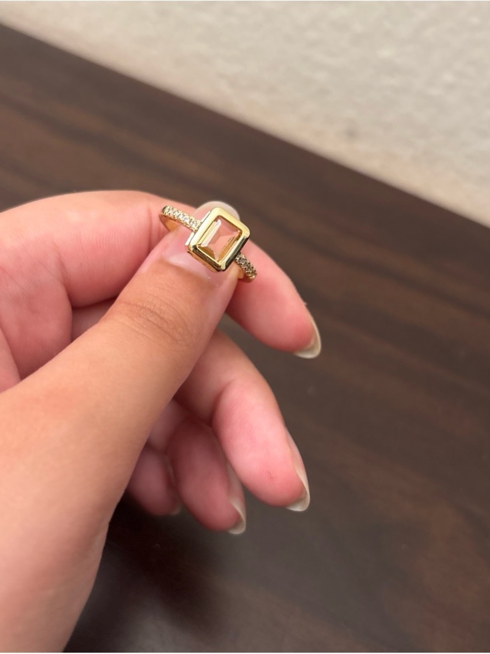 Gold Ring with Square Pink Stone and Pavé Band